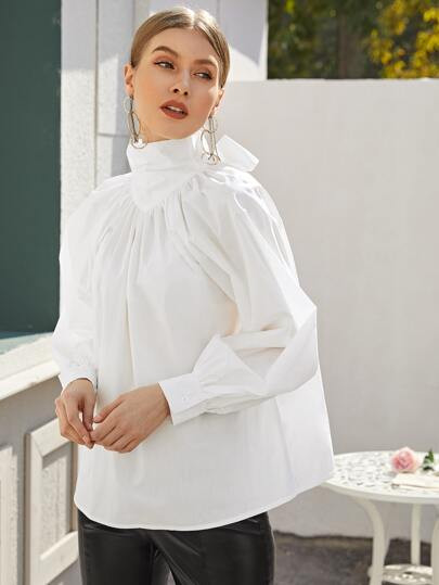 High Neck Tie Back Bishop Sleeve Oversized Top | SHEIN