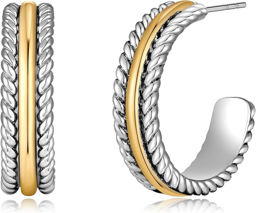 Gold and Silver Mixed Metal Earring Two Tone Studs Earrings for Women Chunky C Hoop Earrings Fash... | Amazon (US)