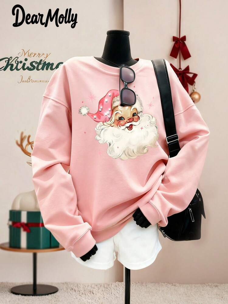 DEAR MOLLY Women's Pink Santa Claus Pearl Embellished Vintage Christmas Long Sleeve Sweatshirt, Women's Sportswear, Pink Christmas Family Sweatshirt, Retro Holiday Crew Neck Group New Year Christmas Party | SHEIN