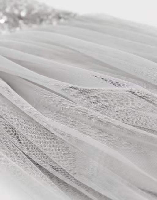 Maya Maternity Bridesmaid bardot maxi tulle dress with tonal delicate sequins in soft gray | ASOS US