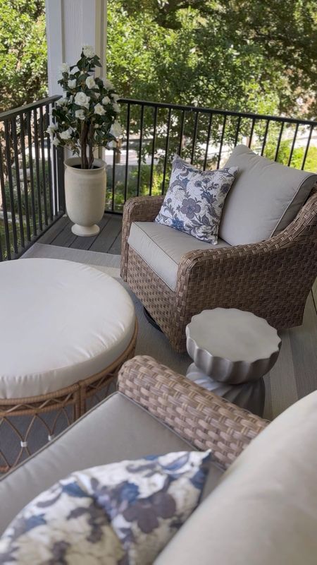 Outdoor balcony decor refresh! This swivel chair set is incredible, so so happy with it and they’re very comfortable! The look for less ottoman is great, you could easily use it as a coffee table as well! And these Amazon pieces are so cute! Especially the side table and pillows! 

#LTKhome #LTKsalealert #LTKSeasonal