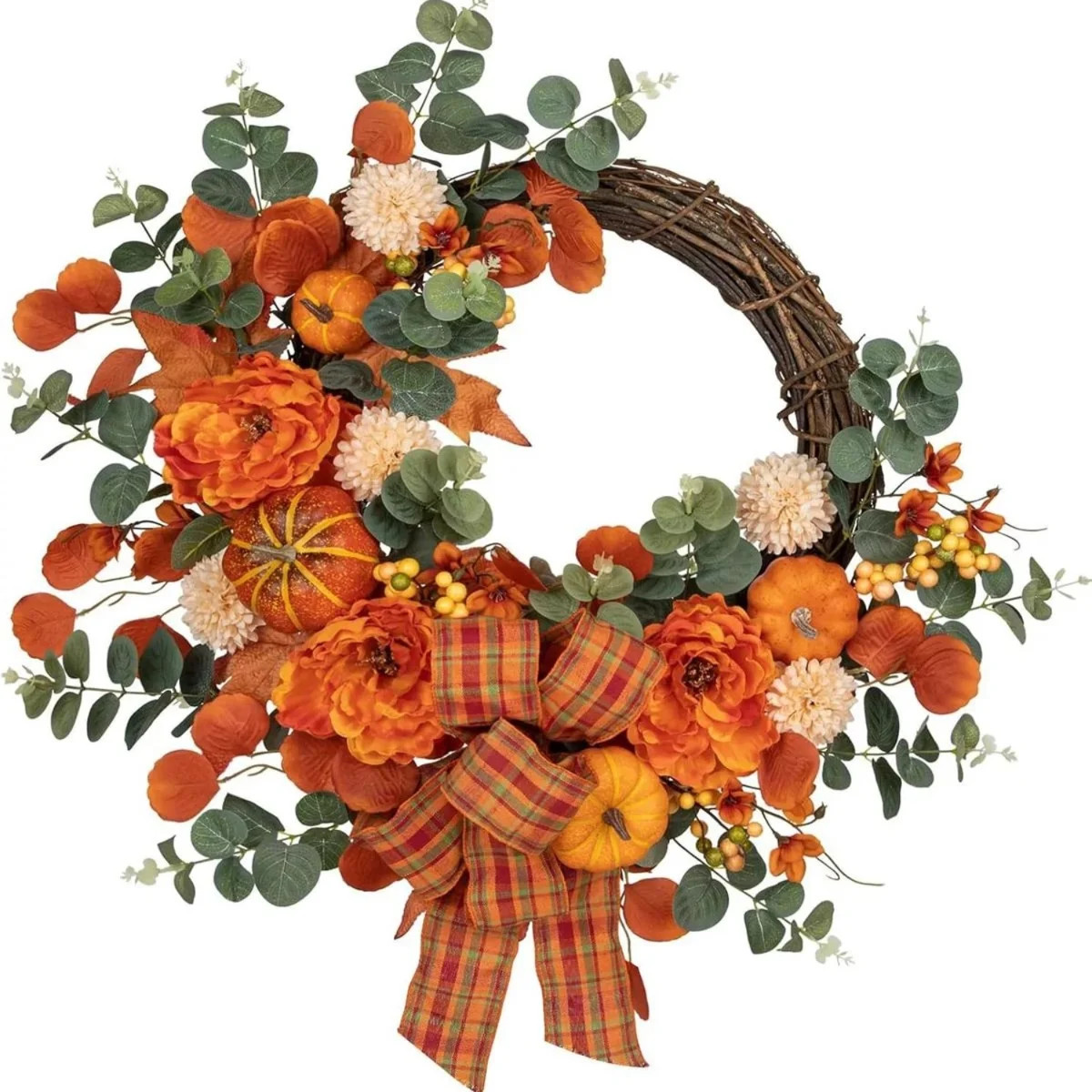 16" Fall Wreath for Front Door Autumn Wreaths Peony Wreath with Pumpkins | Wayfair North America