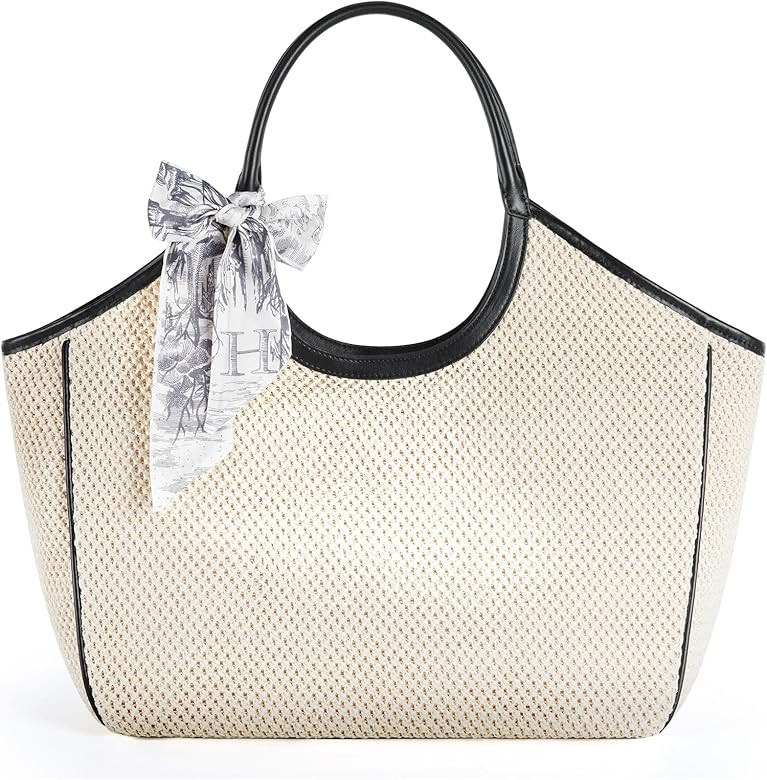 Missnine Beach Bags for Women Large Straw Tote Raffia Woven Shoulder Handbag with Holiday Scarf S... | Amazon (US)