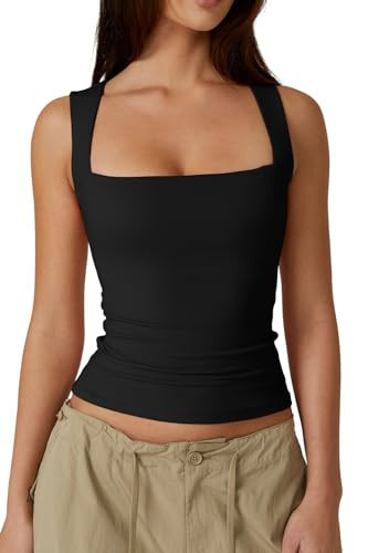 QINSEN Women's Square Neck Sleeveless Double-Layer Tank Tops Basic Tight T Shirts Black M | Amazon (US)