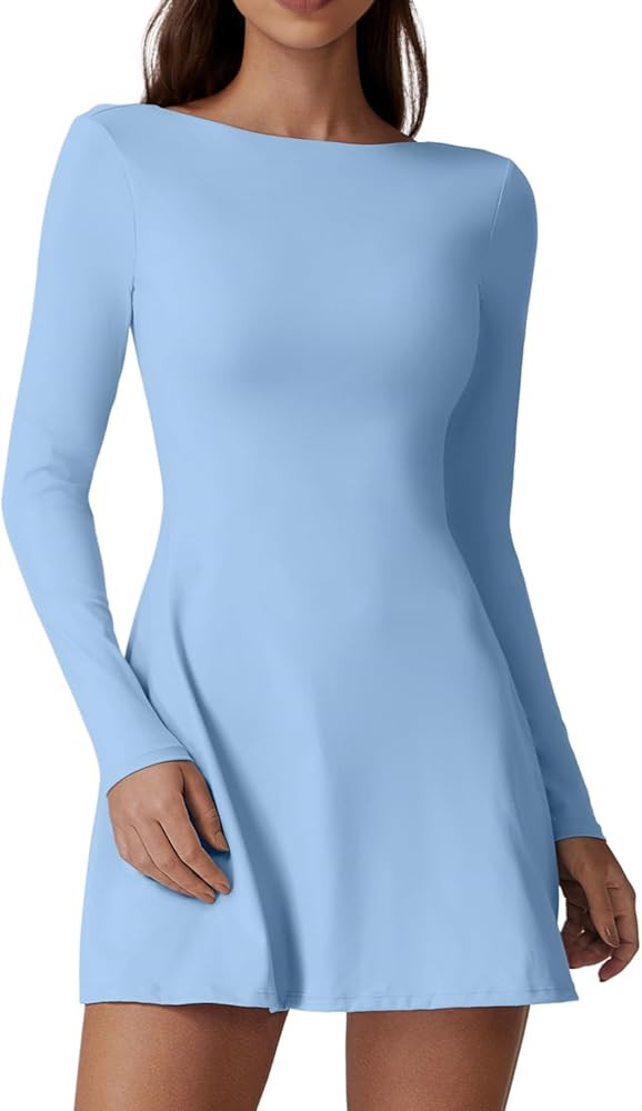 QINSEN Women's Open Back Tennis Dress Long Sleeve Built in Shorts Golf Athletic Dress with Pocket... | Amazon (US)