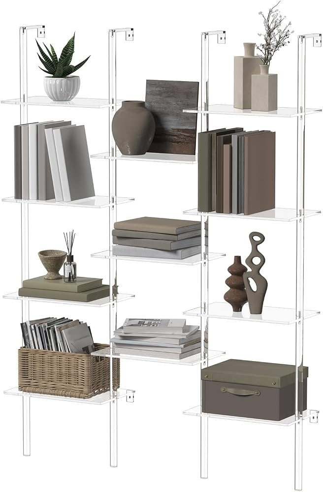 Acrylic Bookshelf, Wall Mounted, 4-Tier Clear Ladder Bookshelf with 11 Open Shelves, Multipurpose... | Amazon (US)