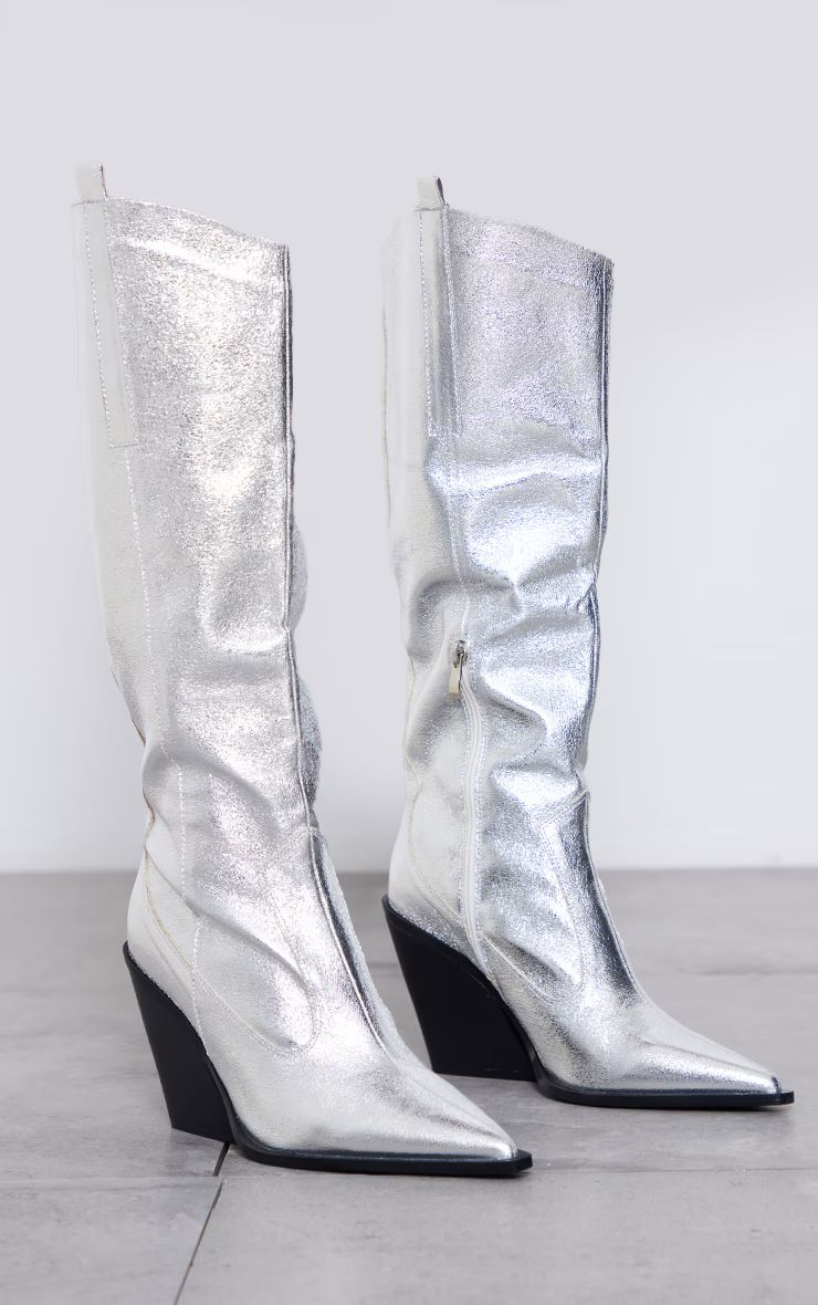 Silver Metallic Western Pointed Wedge Heeled Knee Boots | PrettyLittleThing US