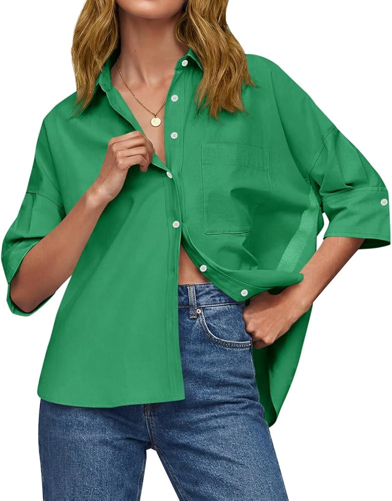 Cicy Bell Womens Summer Oversized Button Down Shirts Half Sleeve V Neck Business Casual High Low ... | Amazon (US)