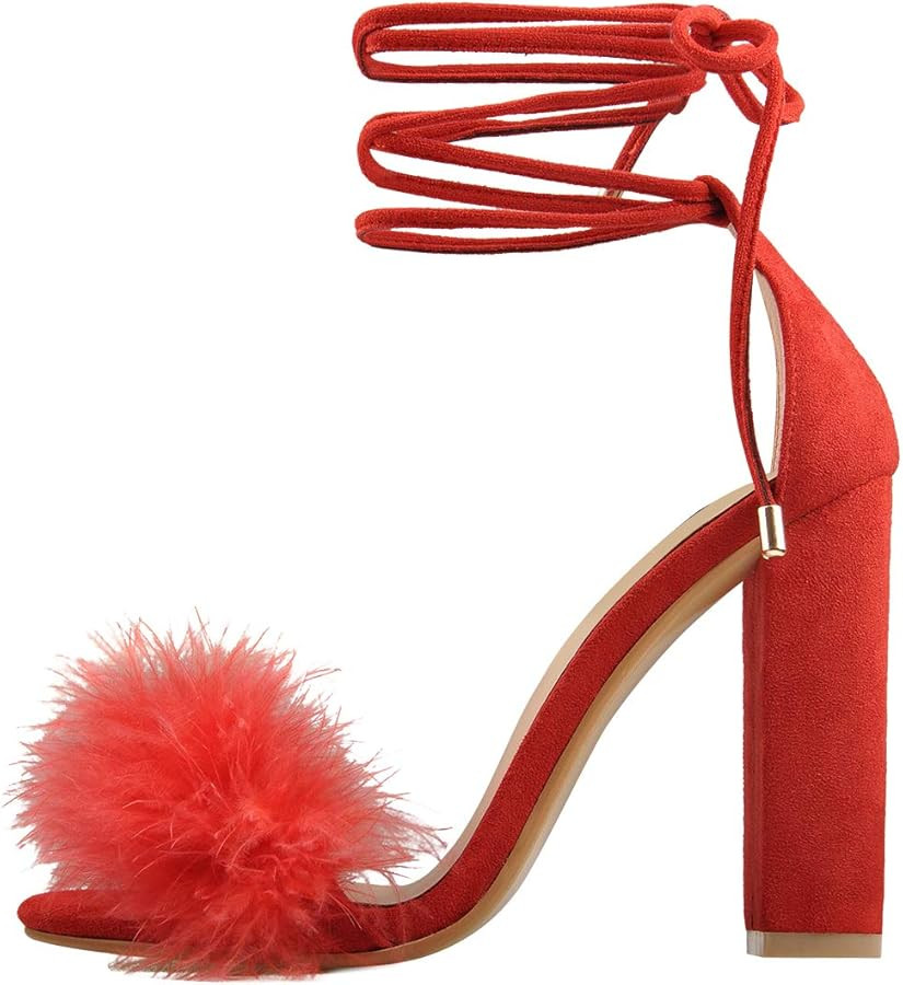 Richealnana Women's Fuzzy Cozy Strappy Open Toe Dress Artificial Feather Heeled Sandals | Amazon (US)