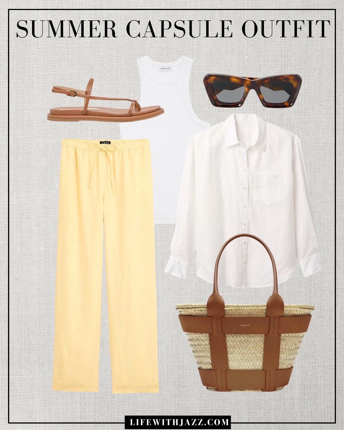 Summer capsule outfit 

Minimal style / elevated style / relaxed style / white button up / white tank / butter yellow linen pants / straw tote bag / tortoise shell sunglasses / strappy tan sandals / Jcrew / Demellier / dolce vita  / src25 

#LTKSeasonal #LTKStyleTip