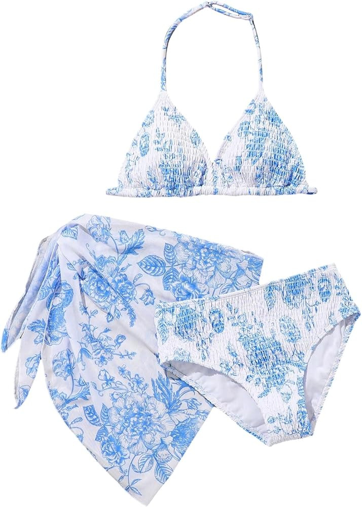 Girl's 3 Piece Swimsuits Floral High Waisted Bikini Bathing Suit with Mesh Coverups Skirt | Amazon (US)