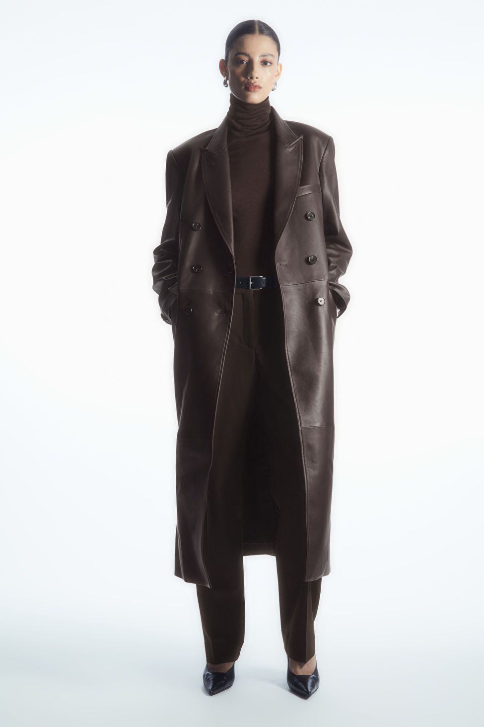 OVERSIZED DOUBLE-BREASTED LEATHER COAT - BROWN - COS | COS UK