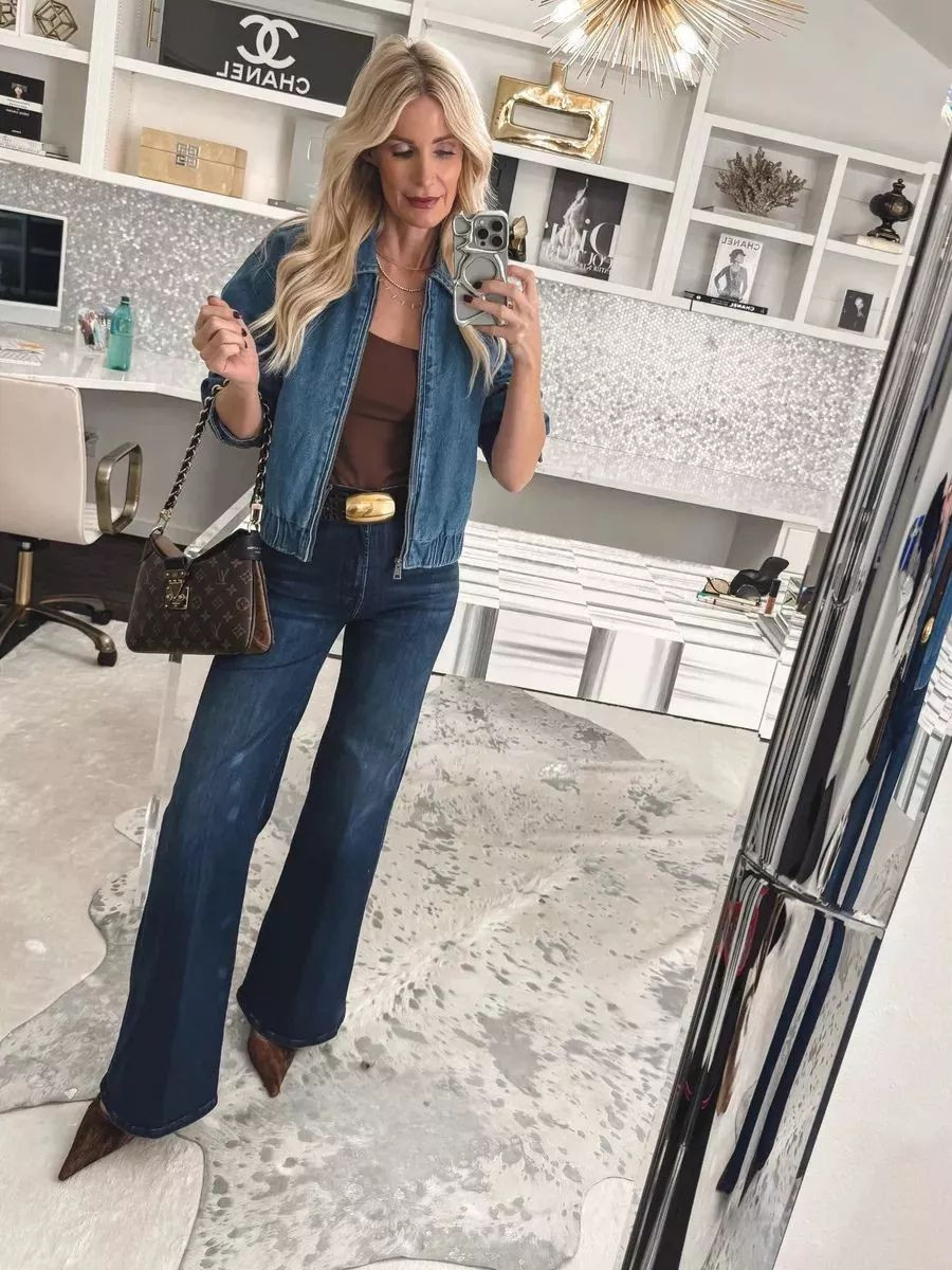 🩶 SALE ALERT 🩶 This fabulous denim bomber jacket is on sale right now, making it under $100! It’s the perfect throw-on-and-go layer—comfortable, effortlessly cool, and easy to dress up or down. I styled it with my number one best-selling jeans by MOTHER for a reason. This wide-leg, high-waisted silhouette with a floor-skimming hem is the formula for those long, model-esque legs. ✨ Fit notes: • Denim bomber jacket runs true to size (wearing XS) • MOTHER jeans run true to size (wearing 24) A great jacket + great denim = instant outfit. 

 

#LTKOver40 #LTKSaleAlert #LTKFindsUnder100