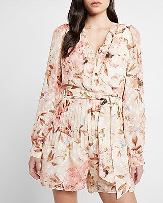 Floral Print Long Sleeve Pleated Wrap Front Romper | Express