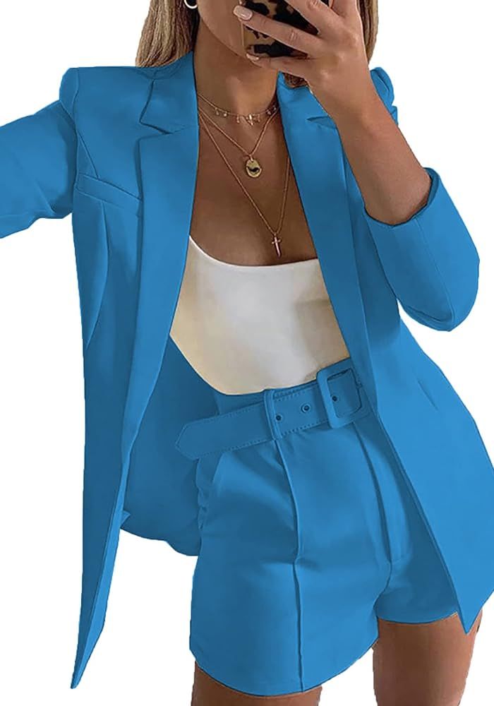 NRTHYE Women 2 Piece Outfits Long Sleeve Blazer & Short Pants Casual Tops & Bottoms Set | Amazon (US)