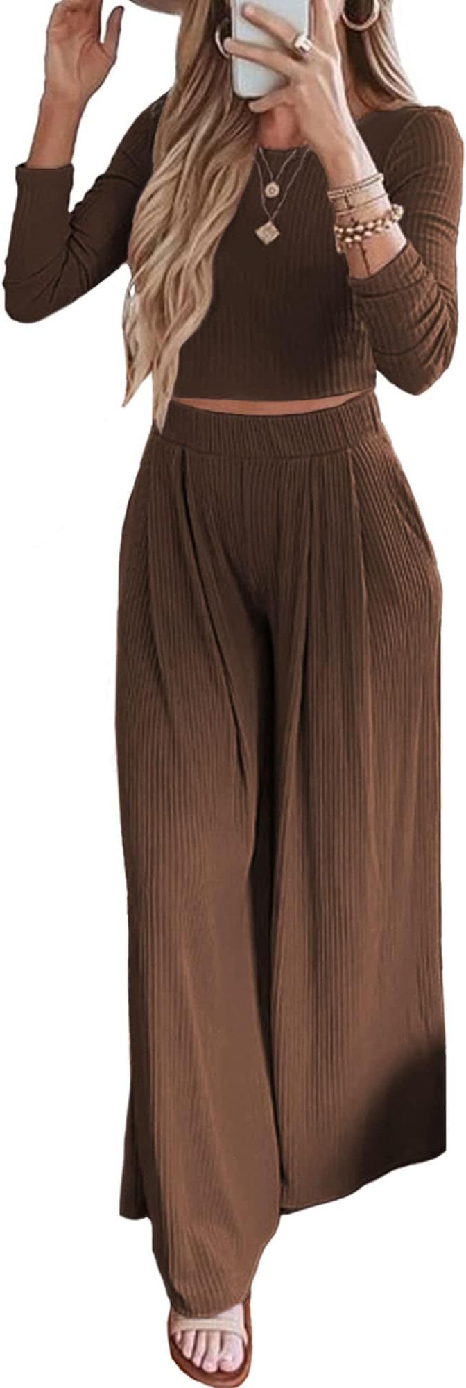 BTFBM Women's Two Piece Lounge Set Long Sleeve Bodycon Ribbed Knit Crop Top Loose Wide Leg Pant C... | Amazon (US)