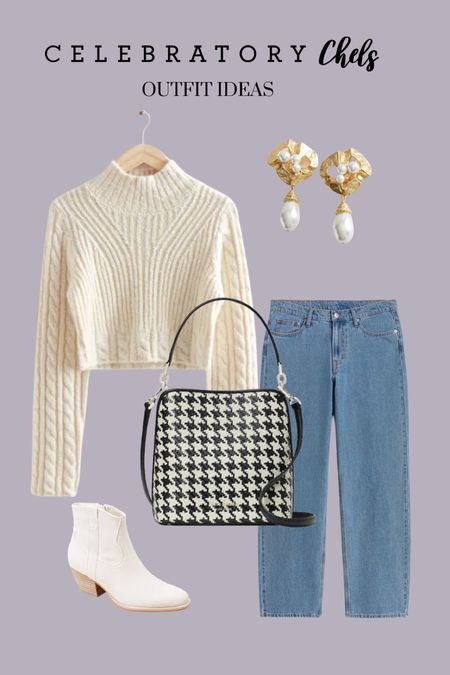 Baggy low jeans
Pearl earrings 
Crossbody
Houndstooth purse 
Cropped cable knit Sweater
Ivory boots
Booties
Fall outfit
Workwear fashion
Office outfit
Back to school
Sweater weather 

#LTKitbag #LTKstyletip #LTKSeasonal