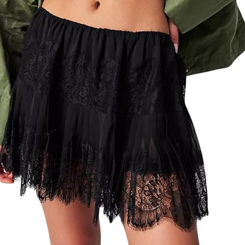 Women Lace Slip Skirt Pleated Flowy Mini Lace Skirts Low Rise Lace Mesh Half Slip Skirt Underskirts Black | Amazon (US)