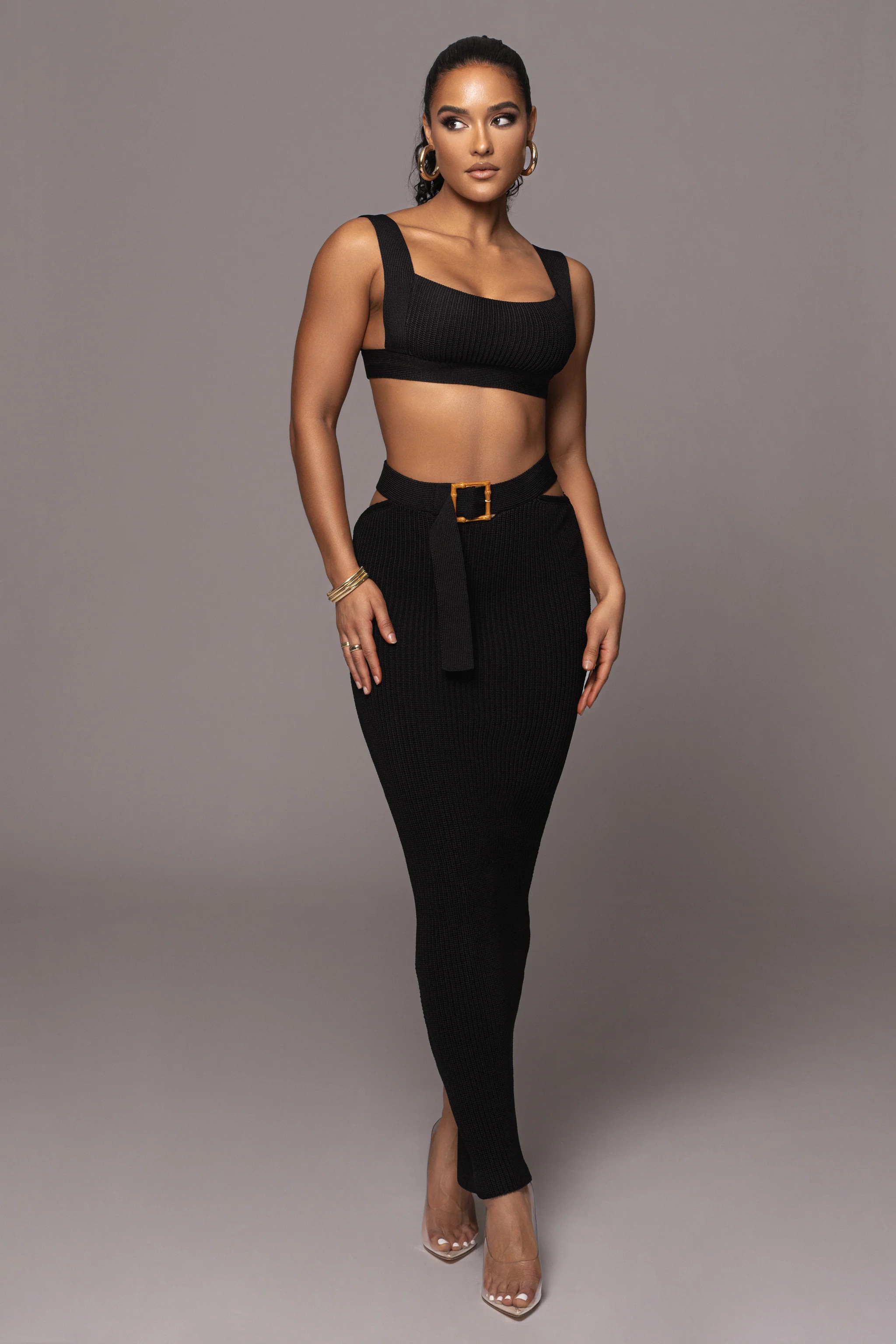 Black Nikole Ribbed Skirt Set | JLUXLABEL
