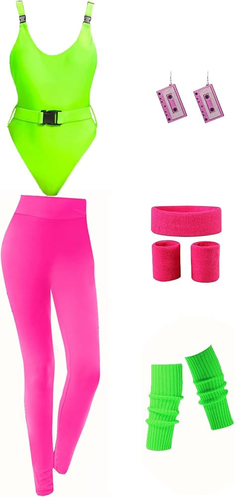 MIAIULIA Womens 80s Workout Costume Outfit 80s Accessories Set Leotard Neon Legging Headband Wristba | Amazon (US)