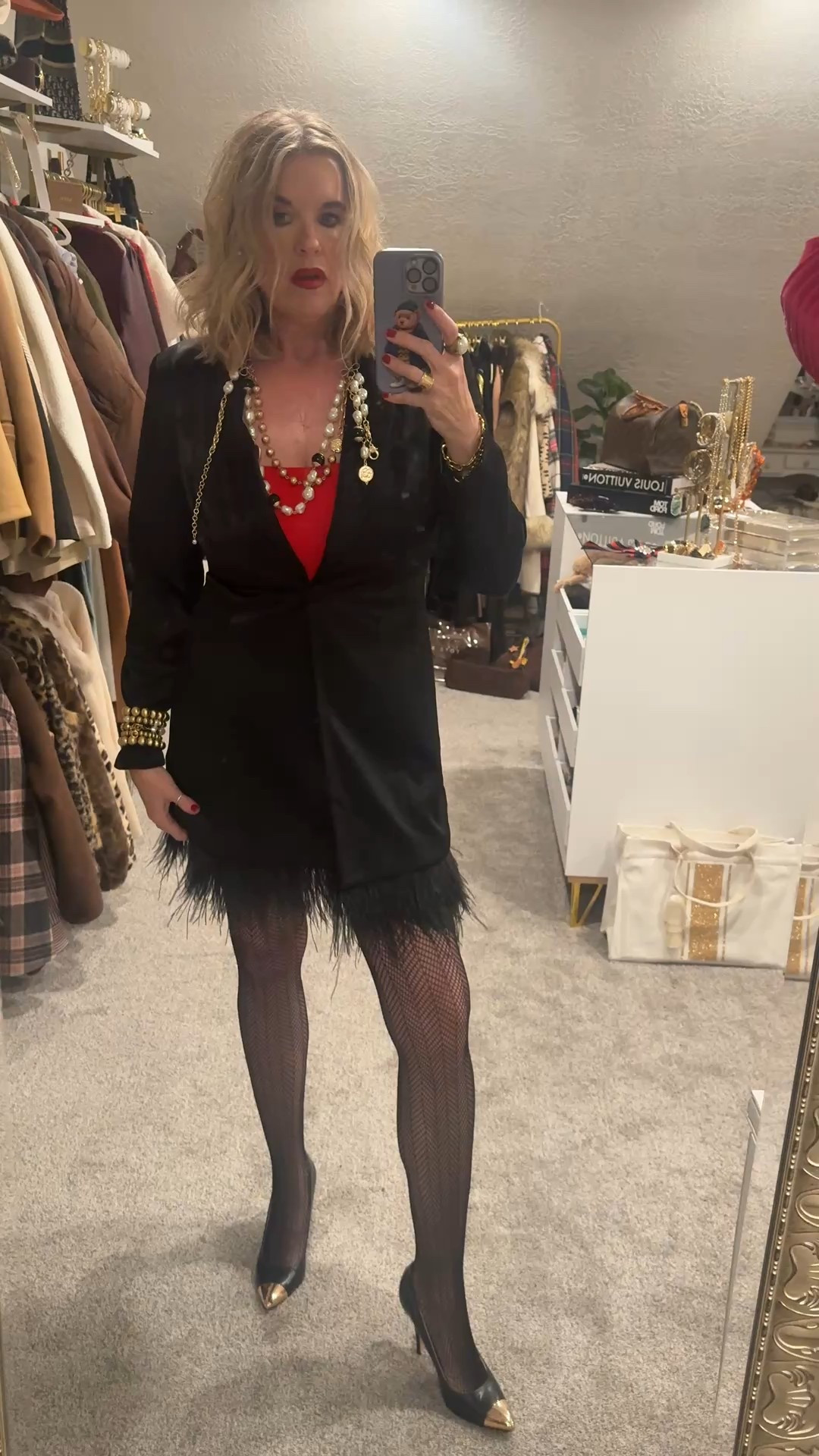 Event outfit of the day

Headed to a casino night Brithday Party 

Wearing a tuxedo jacket style dress with feather bottom
Fits tts 

Red Pumiey cami underneath 
Tts 

Pattern hose comes in a 5 pack of differnt patterns tts and great quality hard to snag etc
Tts

Black pumps with gold cap toe by Sam Edelman old linked similar 

Chicos Chanel inspired multi chain necklace  

Petal and gold earrings 

Gold beaded bracelet by lisi lurch and

A real fresh water pearl bracelet
 

#LTKootd #LTKOver40 #LTKgrwm