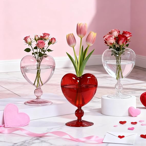 Potchen 3 Pcs Valentine's Day Heart Glass Vase Flower Red Pink Transparent Flower Vases Table Cen... | Amazon (US)