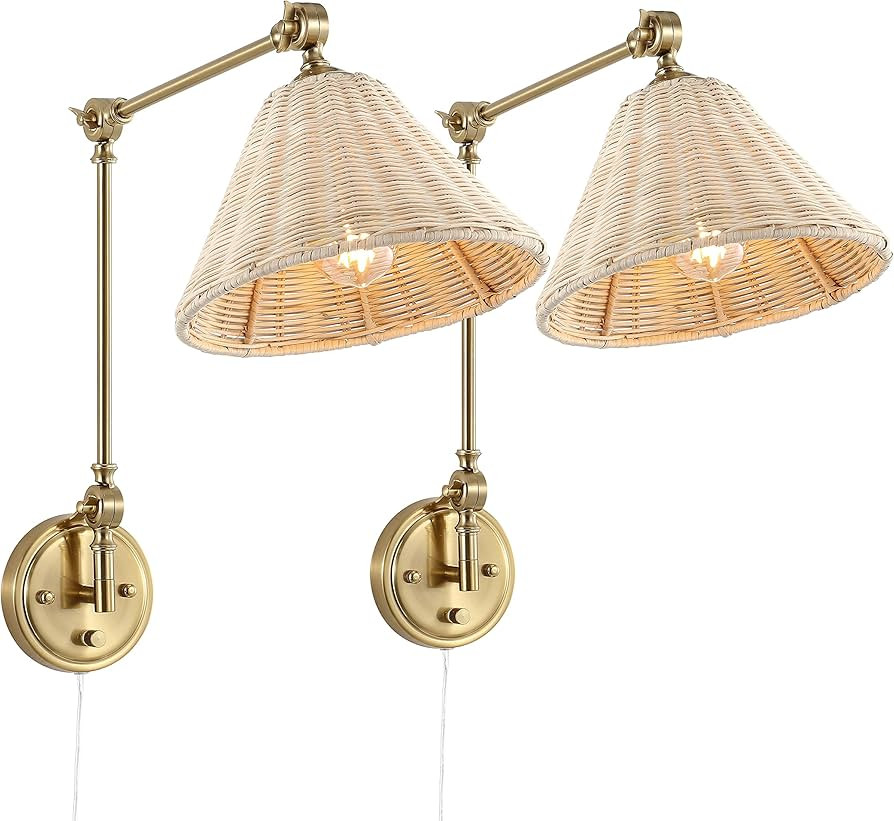 WINGBO Wall Sconce Rattan Wrapped Wall Lamp, Adjustable Swing Arm Wall Light Gold Vintage Bedside... | Amazon (US)