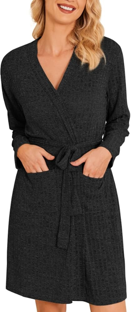 Ekouaer Women Robe Ribbed Knit Soft Bathrobe Knee Length Robes Stretchy Short Sleepwear with Pock... | Amazon (US)