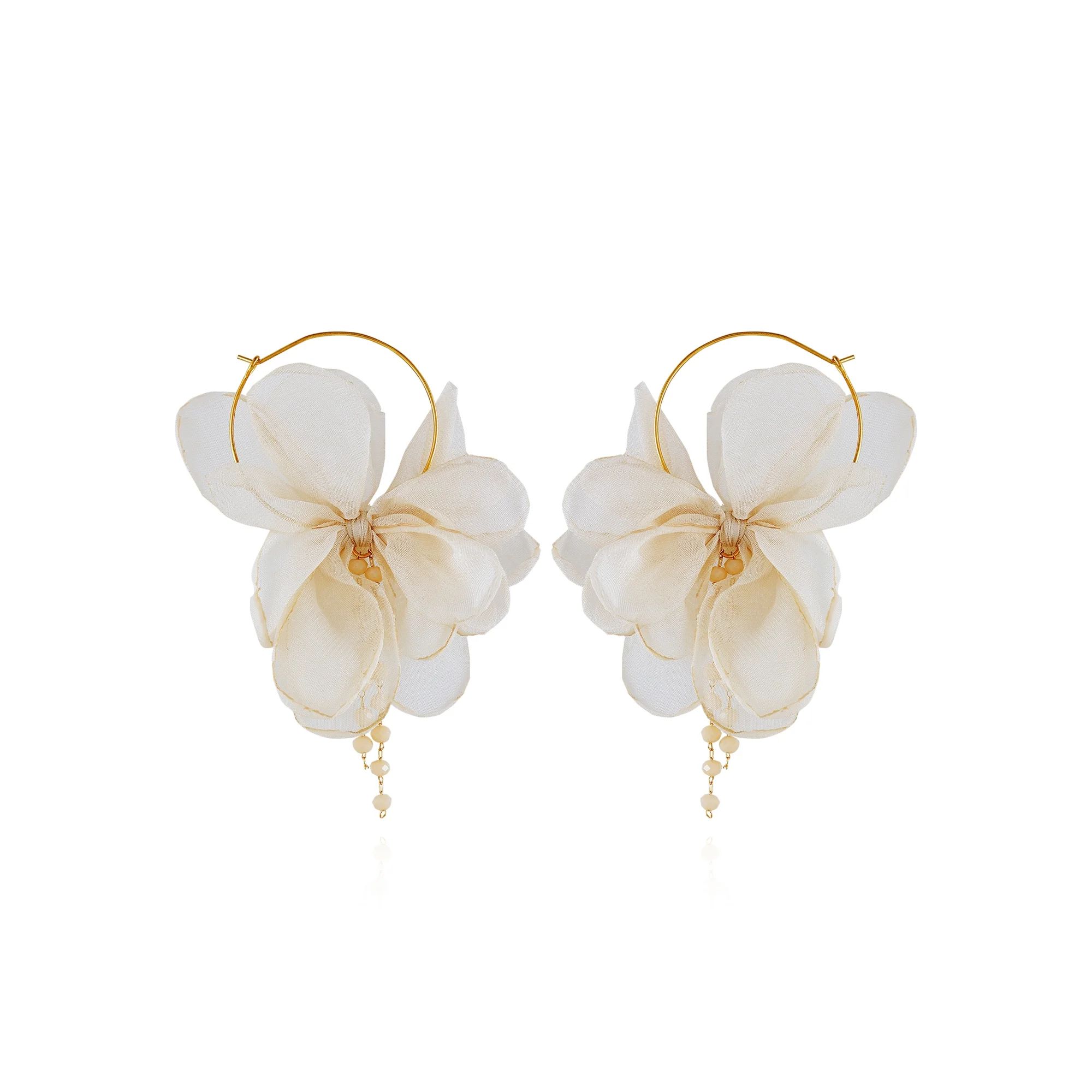 Time and Tru Women's Gold Tone Modern Ivory Fabric Flower Petal Hoop Earrings | Walmart (US)