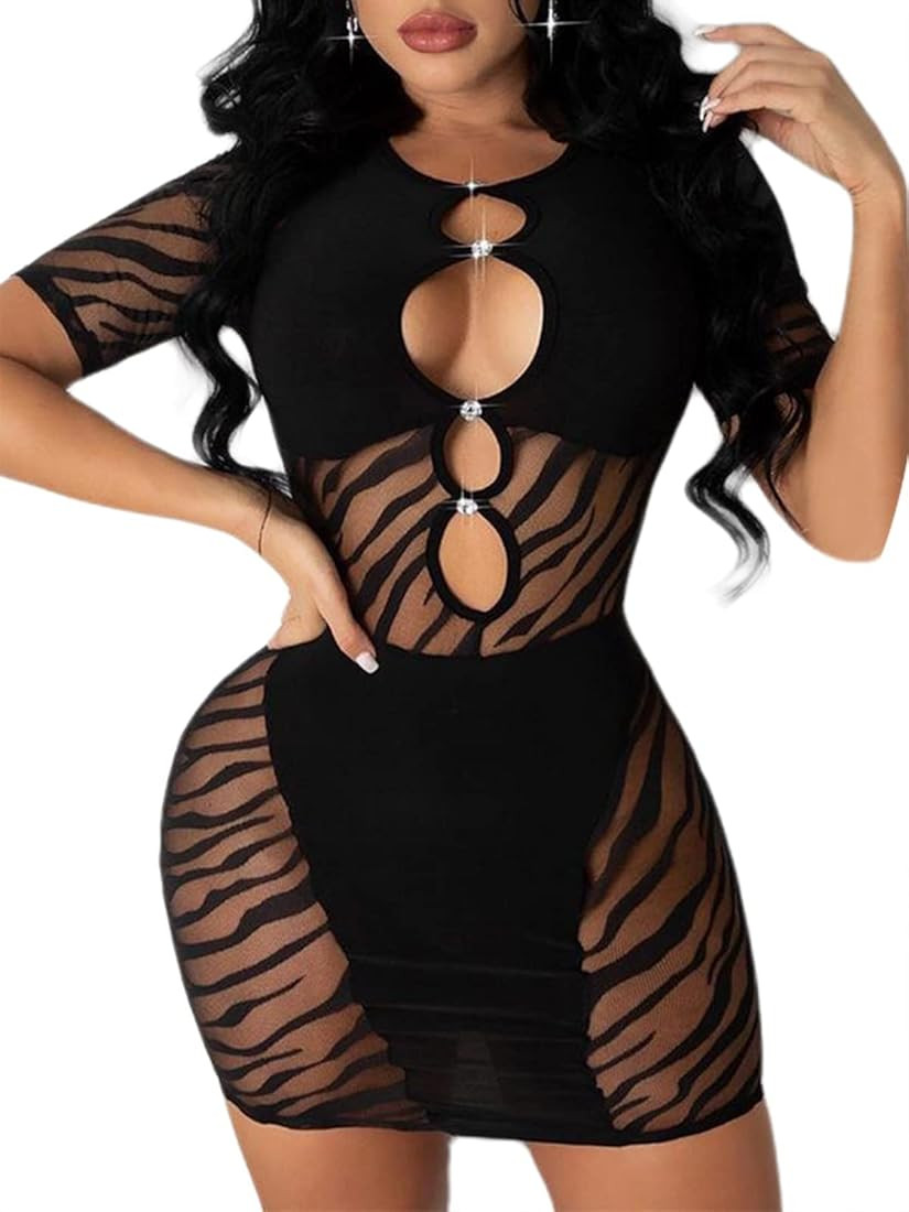 Hilinker Women's Hollow Out Short Sleeve Bodycon Dress Sheer Mesh Patchwork Mini Dress | Amazon (US)