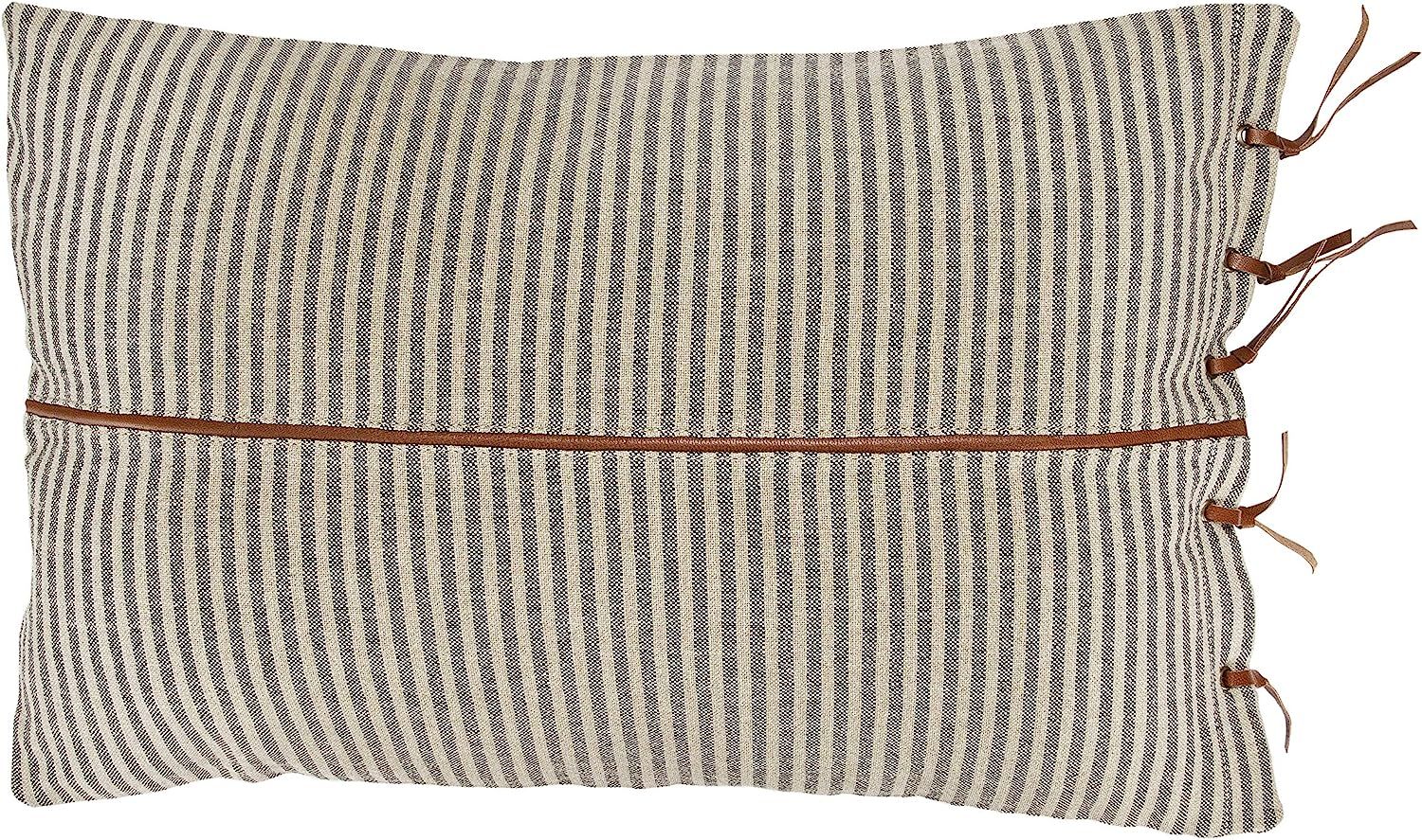 Creative Co-Op Beige & Black Striped Cotton Ticking Lumbar Leather Trim Pillows, 1 Count (Pack of... | Amazon (US)