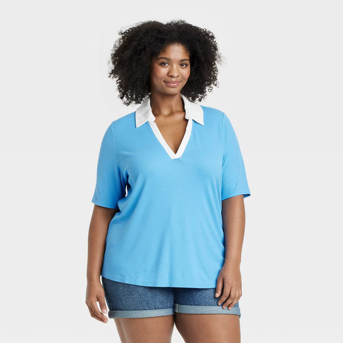 Women's Short Sleeve Ribbed Polo Shirt - Ava & Viv™ Blue 1X | Target