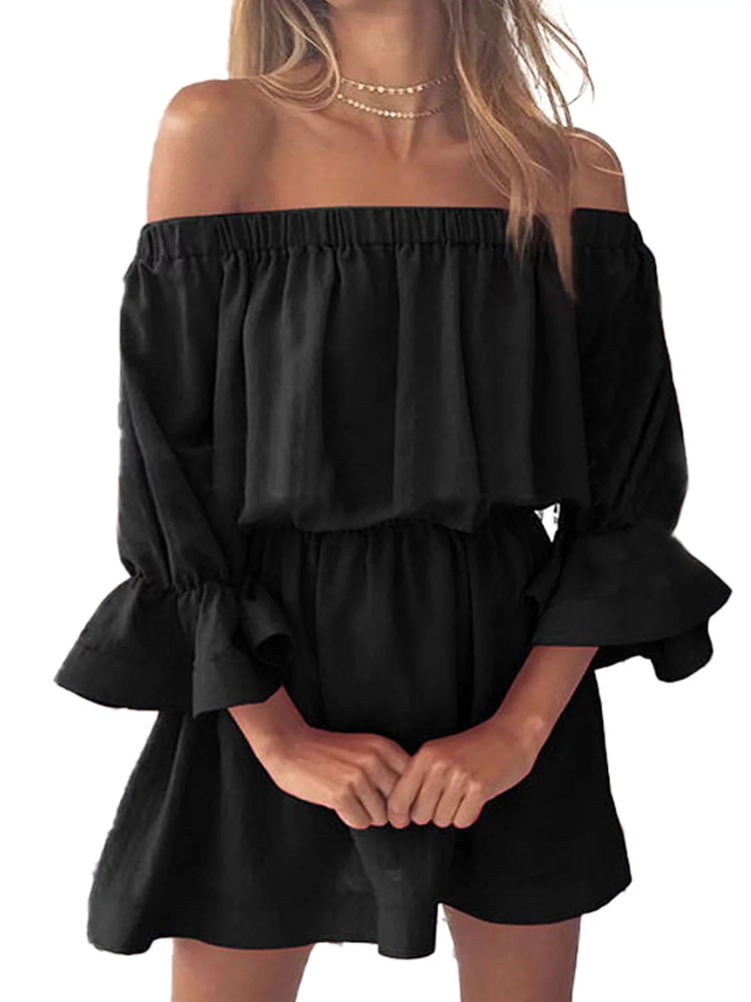 GeweYeeli Women Off Shoulder Dress Solid Color Ruffled Sleeve Summer Fall Dress, Black M | Walmart (US)
