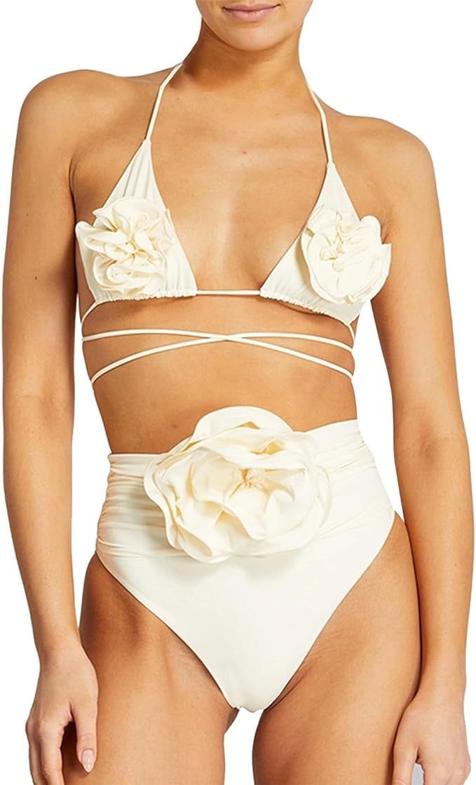 Women Floral Appliques Sexy Bikini Summer Tankini Beach Bodycon Beachwear Bandeau Black Swimsuit ... | Amazon (US)