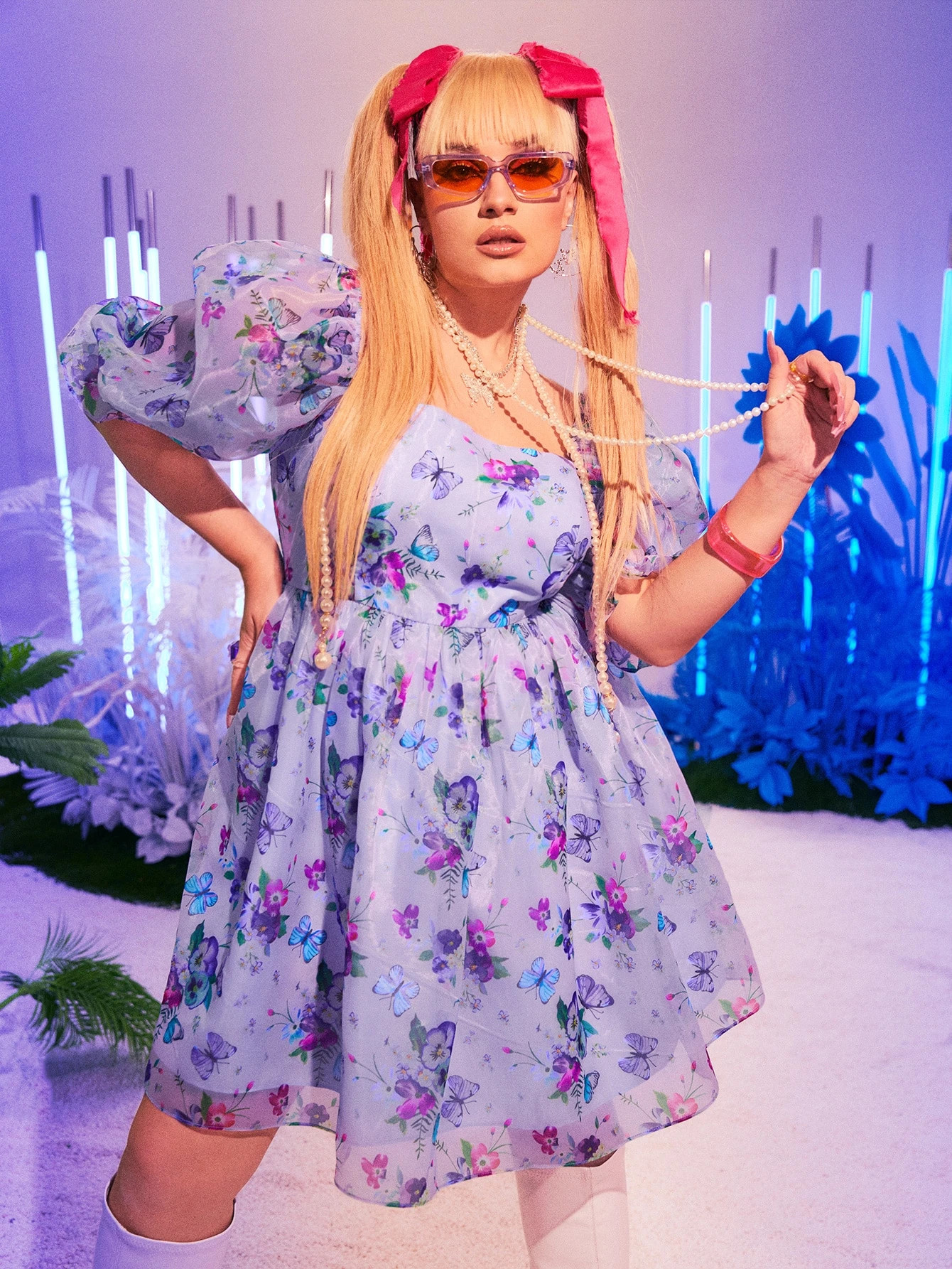 SHEIN Plus Butterfly & Floral Print Sheer Sleeve Dress | SHEIN