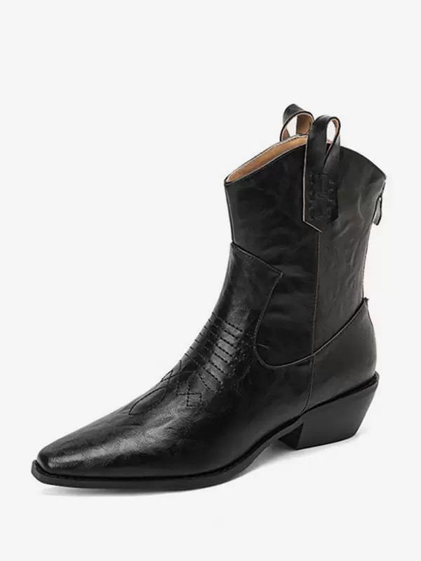 Black Cowgirl Boots Pointed Toe Flat Ankle Boots | Milanoo
