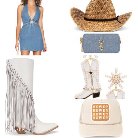 country concert outfit, stagecoach outfit, cowgirl boots, cowboy boots, denim dress, western hat, jean bag, denim bag, howdy hat, fringe boots, white boots, spring outfit, festival outfit  

#LTKFestival #LTKstyletip #LTKshoecrush