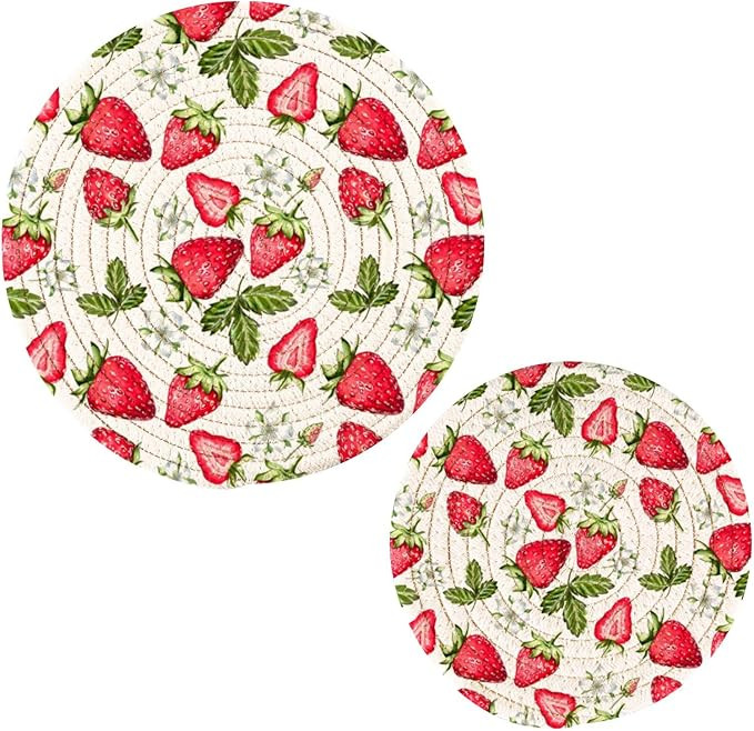 Qilmy Strawberry Kitchen Potholders Set of 2, Heat Resistant Round Trivets for Hot Dishes, Hot Po... | Amazon (US)