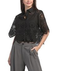 Eyelet Cropped Button Front Blouse | TJ Maxx
