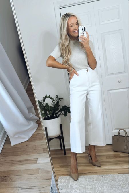 Neutral work outfit - Sizing info:
-Gold shimmer top runs TTS, wearing a size small
-White culottes run TTS, wearing a size 2
-Beige high heels run TTS

#LTKworkwear