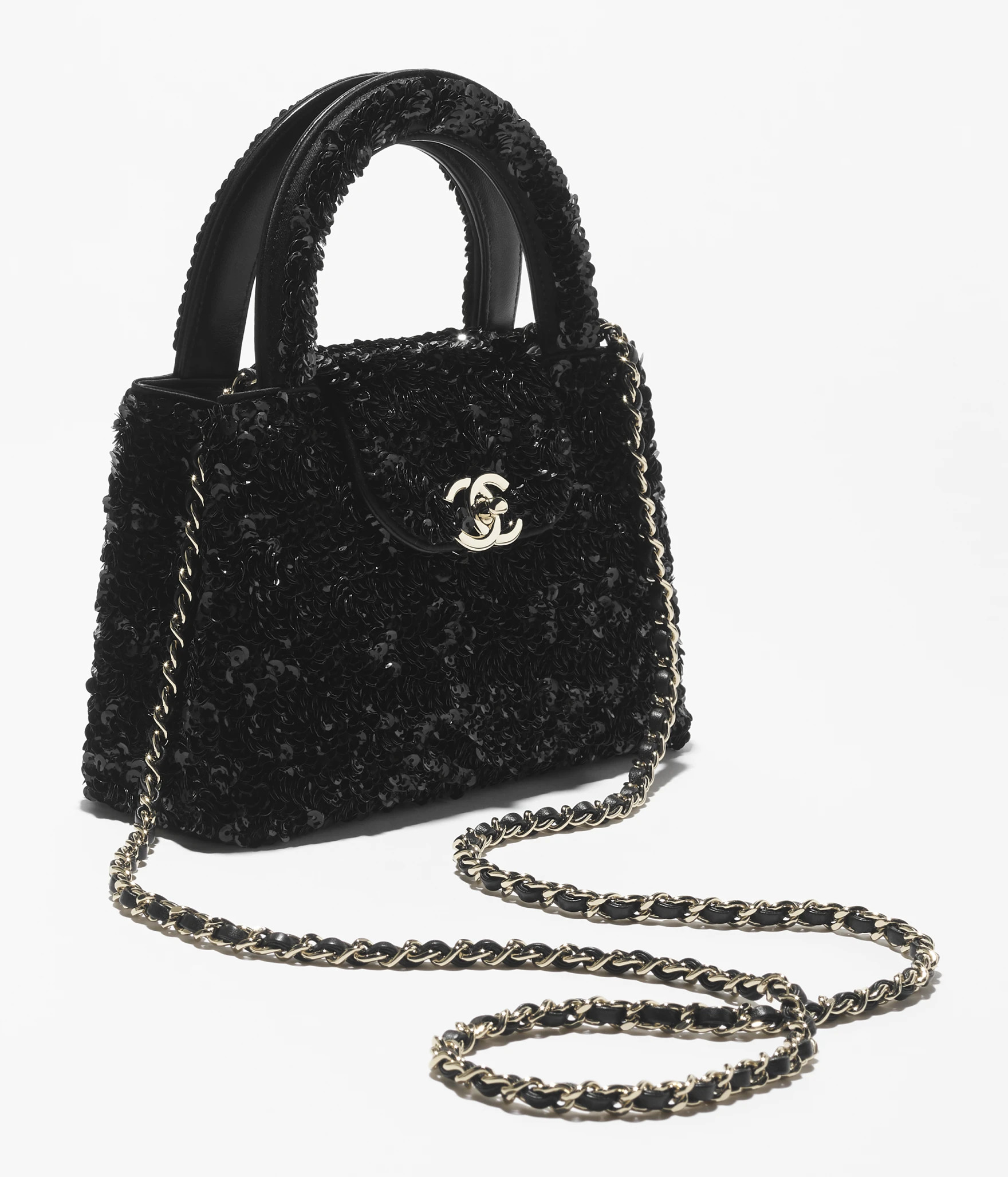 Mini shopping bag, Sequins & gold-tone metal, black — Fashion | CHANEL | Chanel, Inc. (US)