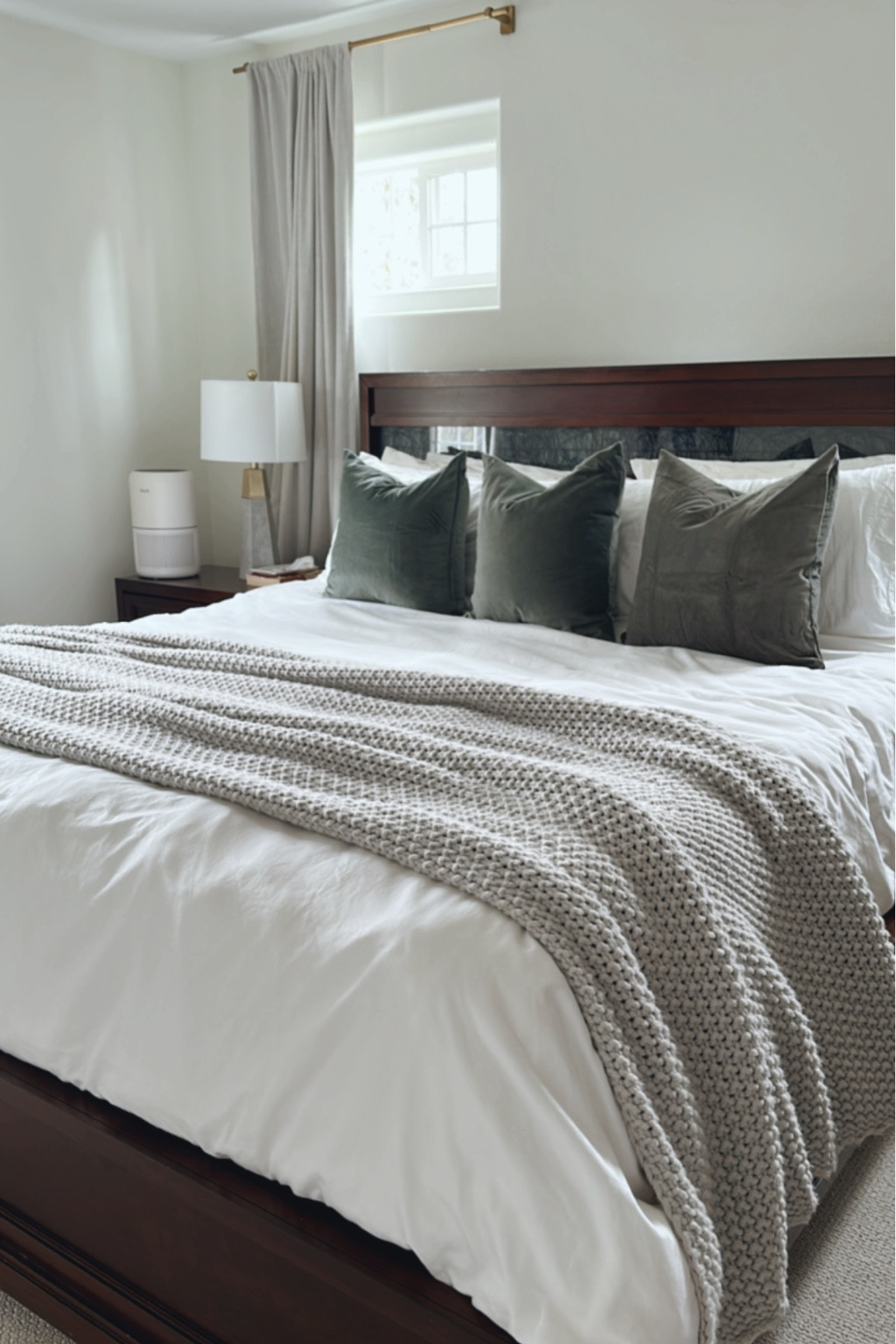 Finally completed our bedroom and love how these velvet pillows add another texture to the room. Did you know a perfectly designed room has at least 7 different textures 🤗 ps I forgot to remove the air purifier from this photo but it ended up being super popular on stories. We have them in almost every room 