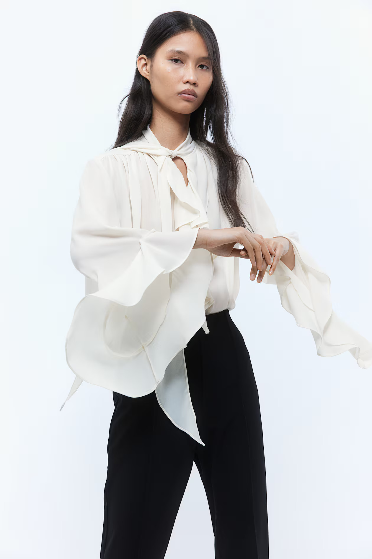 Flounce-trimmed tie-neck blouse | H&M (UK, MY, IN, SG, PH, TW, HK)