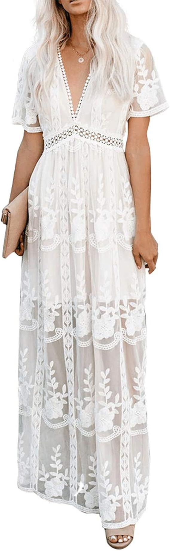 Ecosunny Women's Deep V Neck Short Sleeve Floral Lace Bridesmaid Maxi Dress Party Gown | Amazon (US)