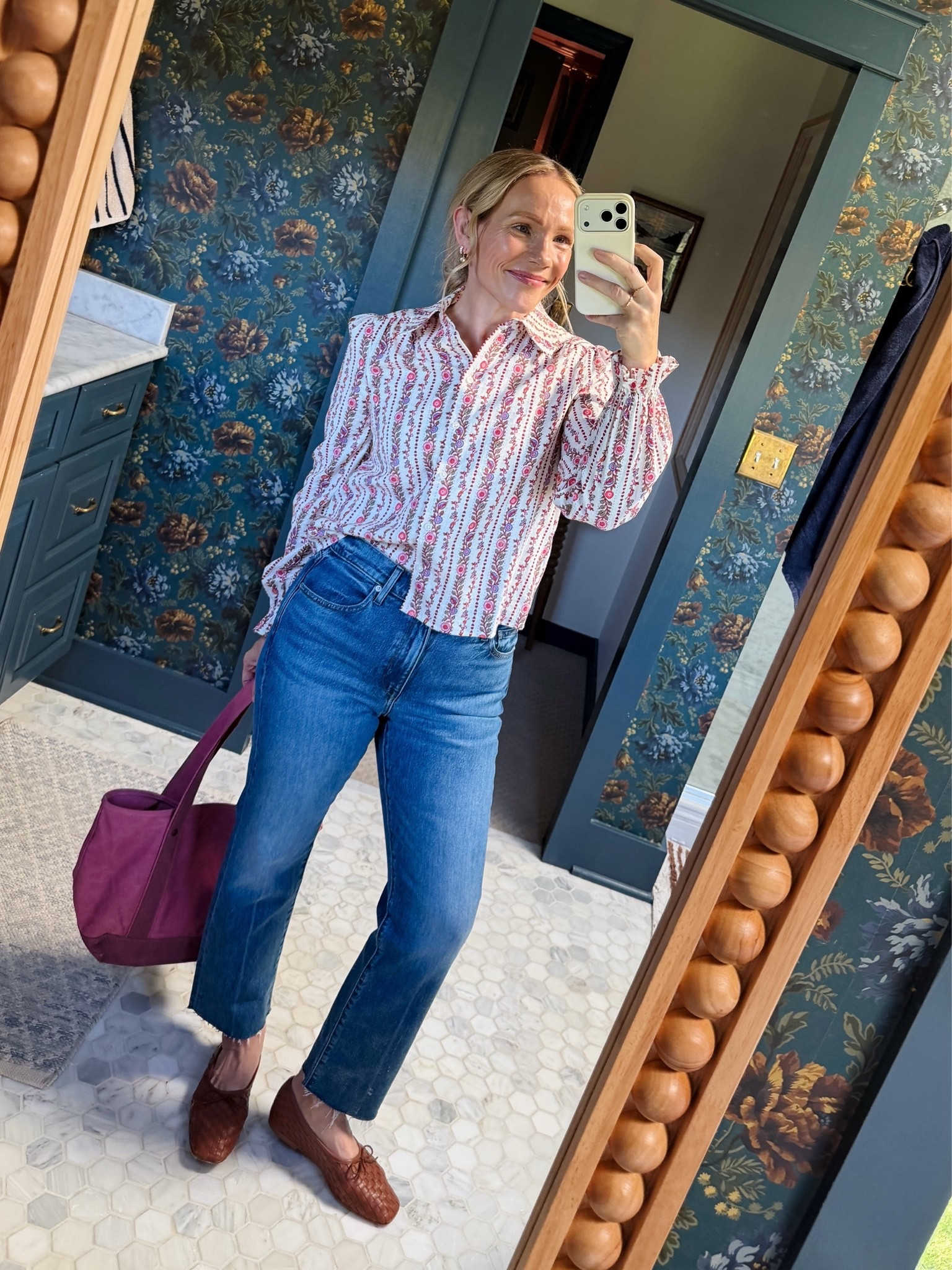 HI! yes the same AYR jeans I wore yesterday they're just so good (and hold their shape!) I sized up one, wearing a short length (I'm 5'3"), Boden top is gorgeous in person, wearing my regular size, And if you like Freda Salvador flats but not the price tag this Quince pair is it! Walk all day comfortable right out of the box. The Tuckernuck canvas tote I wore all summer in blue in a fresh warm colorway for Fall & Winter. And if you haven't tried the Electric Pics Bentley earrings they are stunning. EBY underwear always, I size up one. xo, Claire

#LTKootd #LTKOver40 #LTKmomlife