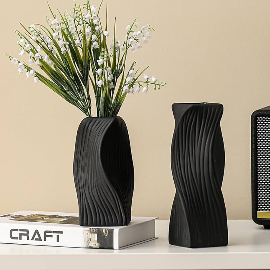 Black Vases for Flowers Set of 2, Twisted Spiral Modern Boho Ceramic Flower Vase, Vintage Farmhou... | Amazon (US)