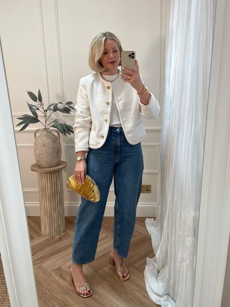 Spring outfit - white t-shirt, blue jeans, gold heels, gold clutch bag, smart jacket 