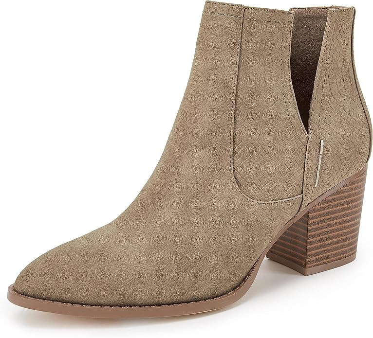 Womens Ankle Boots Slip on Cutout Pointed Toe Snakeskin Chunky Stacked Mid Heel Booties | Amazon (US)