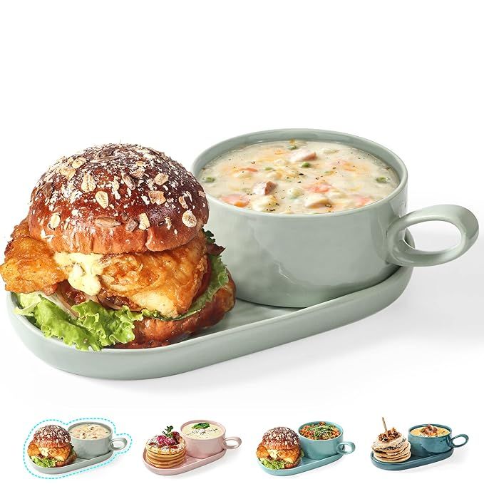 Artena Solid Soup and Sandwich Plate Combo, 16 oz Soup Bowls/Mugs/Cups with Handles in 9.85-inch ... | Amazon (US)