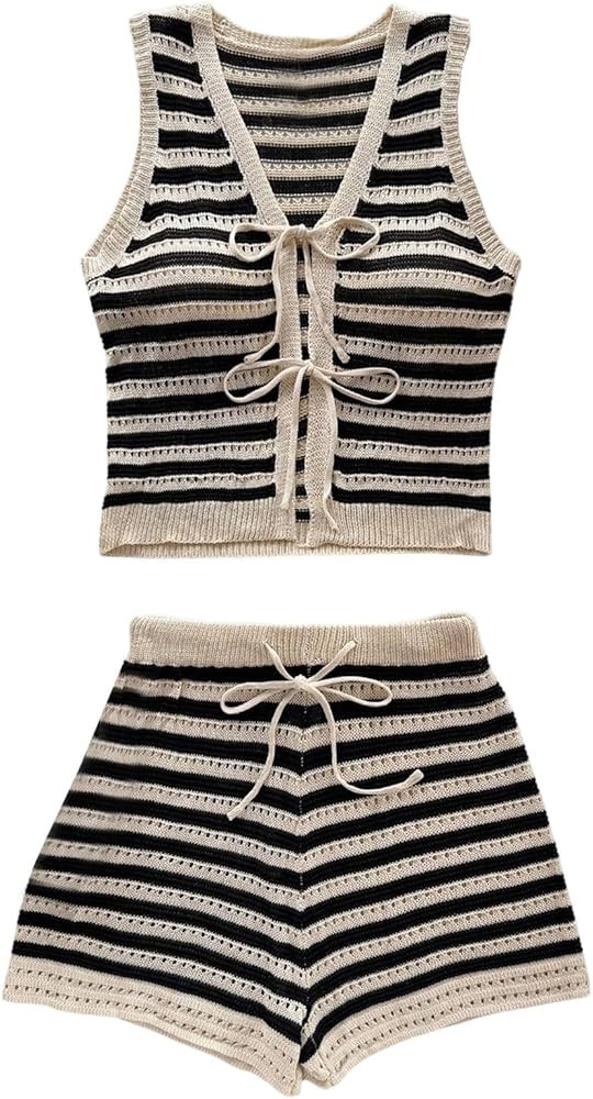 GORGLITTER Women's Crochet Sets Summer Vacation Two Piece Outfits Striped Tie Front Knit Crop Tan... | Amazon (US)